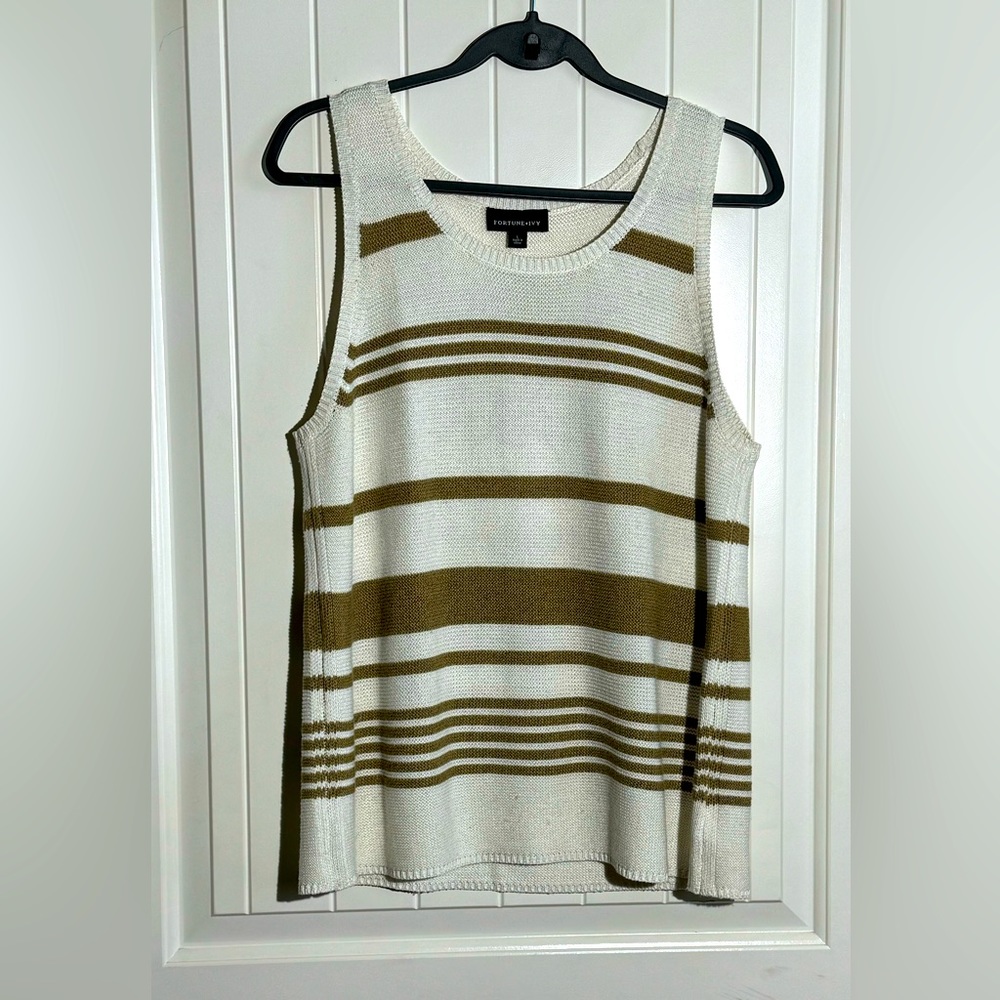 Worthington Cream & Olive Striped Knit Tank Sweater